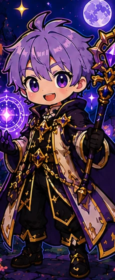 Chibi Magician with purple hair casting a glowing violet spell.
