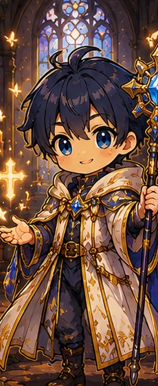 Chibi Priest in white and gold robes holding a jeweled staff.
