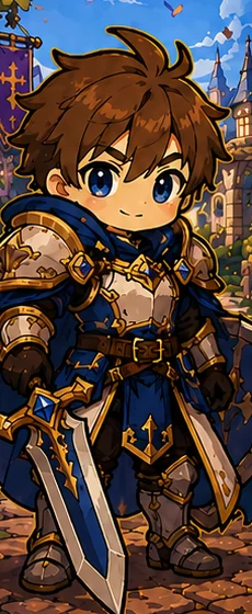 Chibi Warrior in blue and gold armor holding a broad sword.