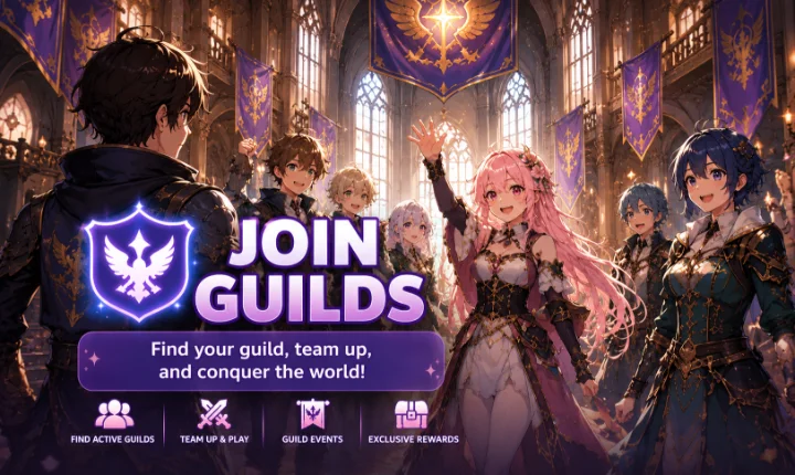 Join Guilds: find your guild, team up, and conquer the world. A group of anime adventurers cheer in a grand guild hall.