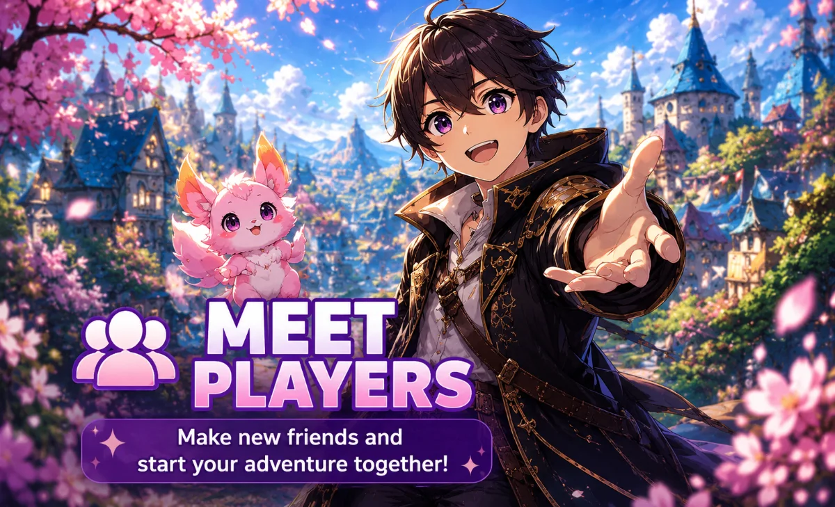 Alduin Online key art: a smiling adventurer reaches out a hand beside a pink fox companion, with the words Meet Players.