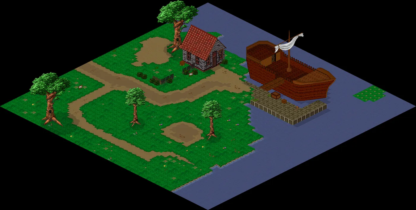 The harbour of Beginner Island with the ship